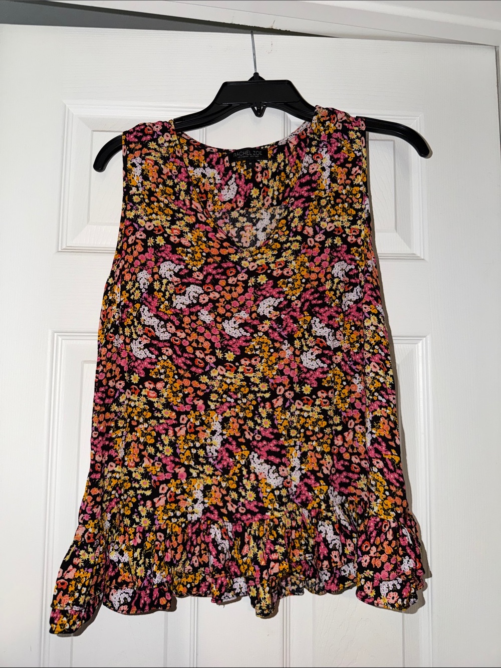 Rachel Zoe Black Floral Ruffle-Hem Sleeveless Camisole